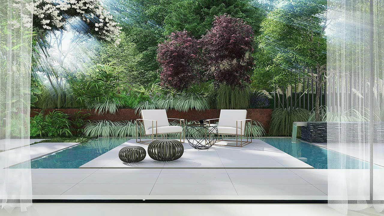 Planted borders around a seating terrace and water channel.
