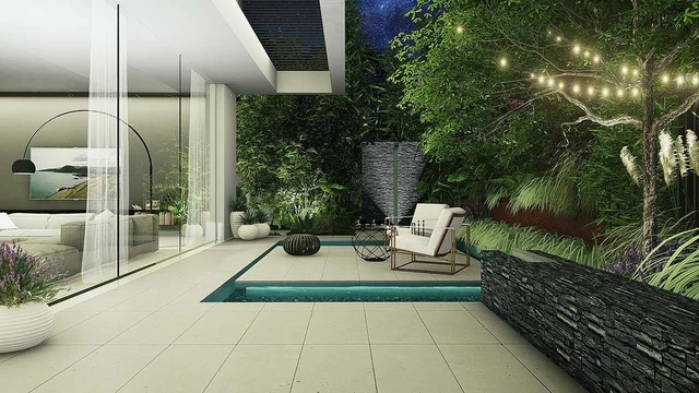 Garden planting beside a seating terrace and water channel.