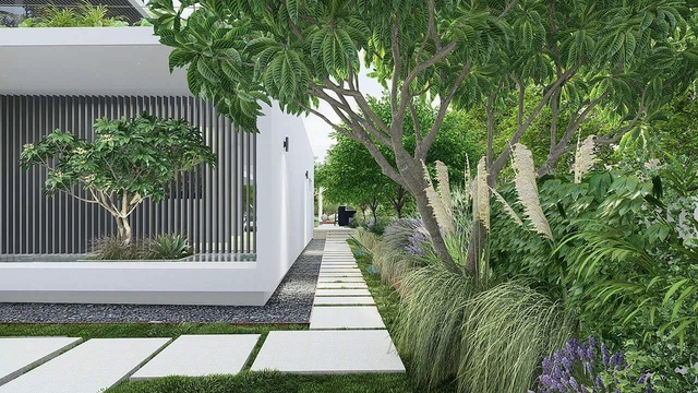 Side path with stepping stones and planted borders.