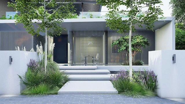 Planting beds on both sides of a stepped entrance.