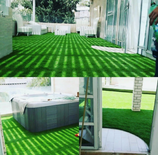 Artificial turf fitted around outdoor seating and a hot tub.